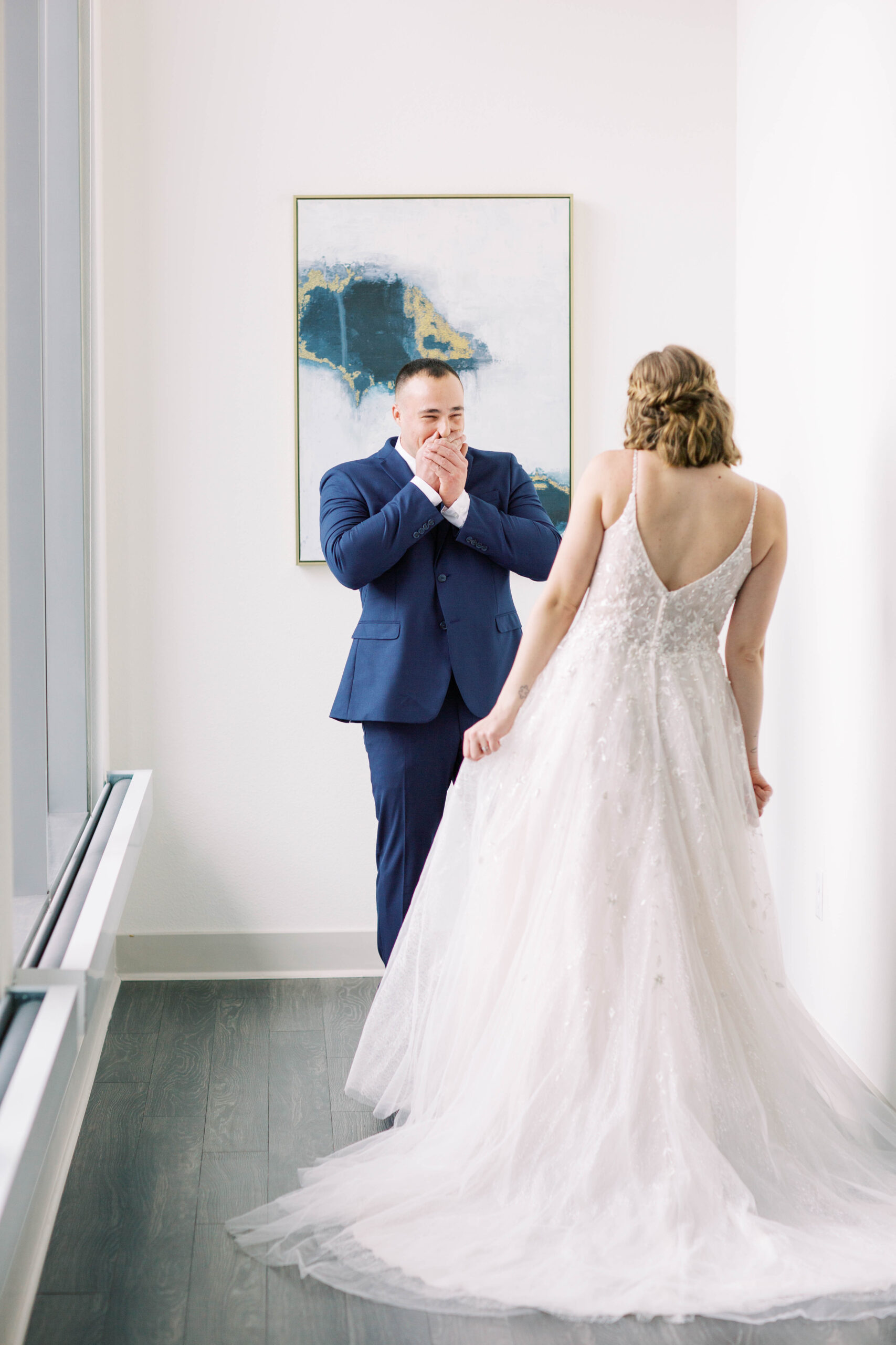 A groom is moved to tears after seeing his bride during their First Look at their wedding at El Chorro in Scottsdale, Arizona. 